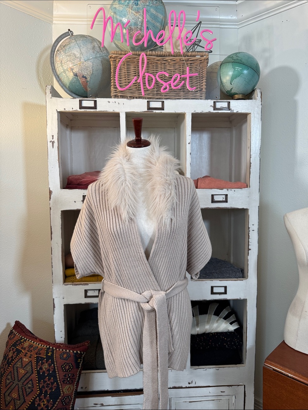 Jennifer Lopez faux fur trimmed belted cardigan